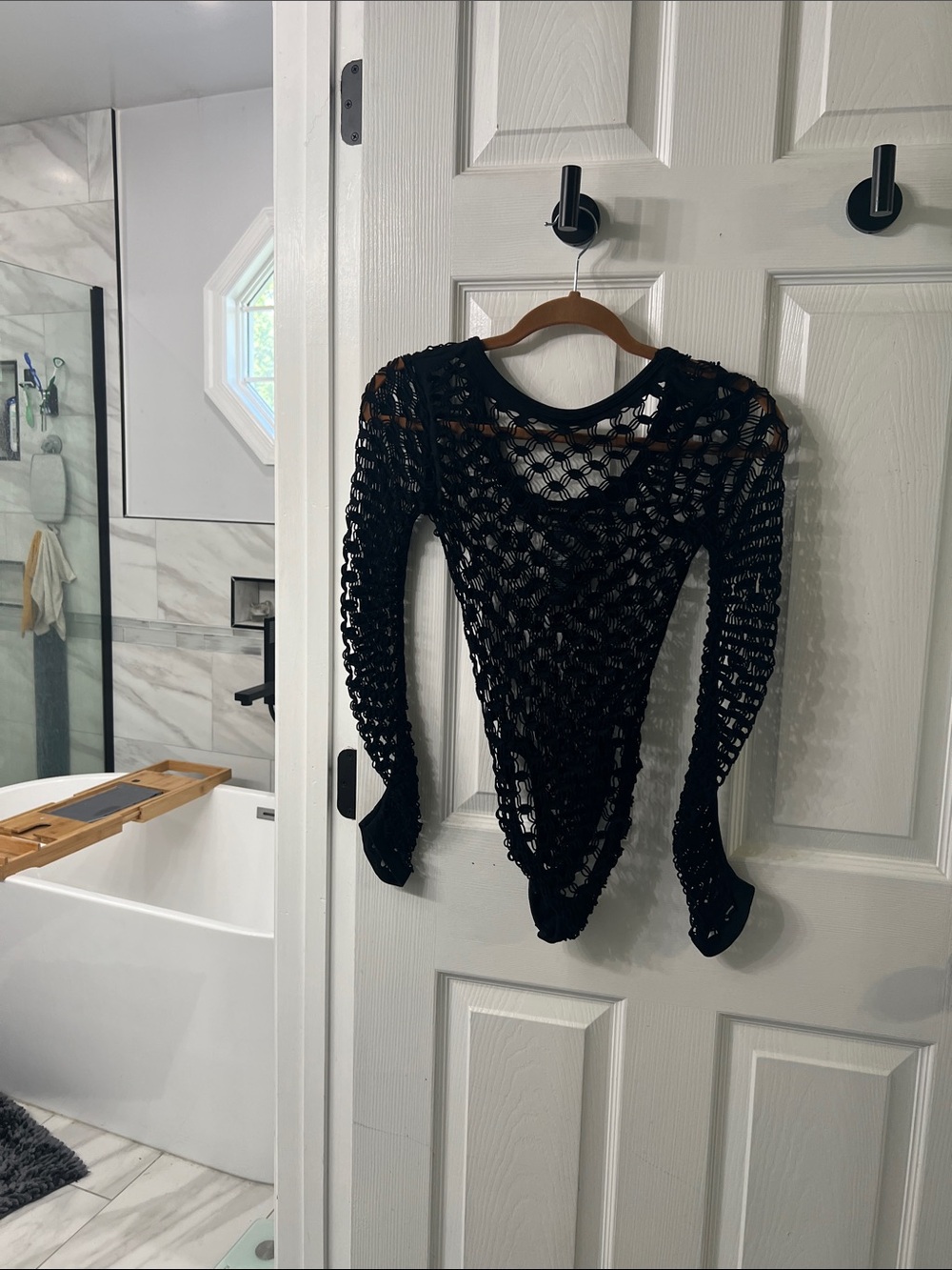 Nasty Gal Black Crochet Sheer Long Sleeve Bodysuit M-L